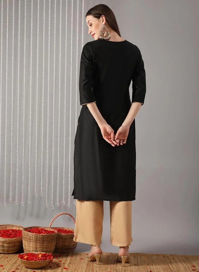 globus Women Black Round Neck Embroidered A-Line Kurta